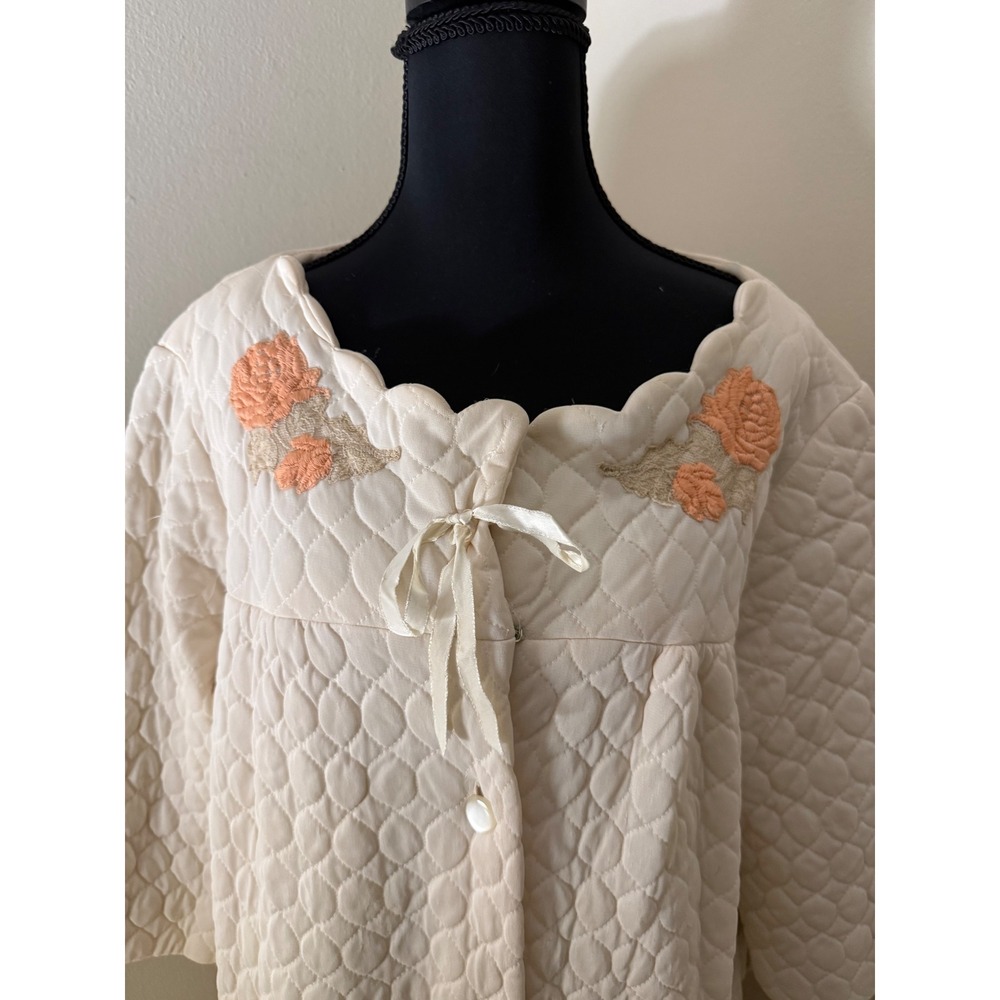 Vintage Quilted Robe Floral Embroidered Cream Long Sleeve Loungewear large - Picture 3 of 7
